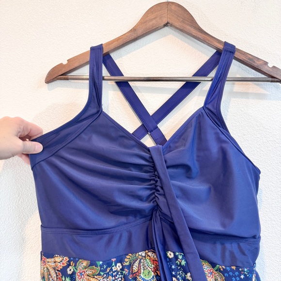 BloomChic Modest Swim Dress Navy Floral Paisley Skirted One Piece 18 20 NWOT - Picture 3 of 12